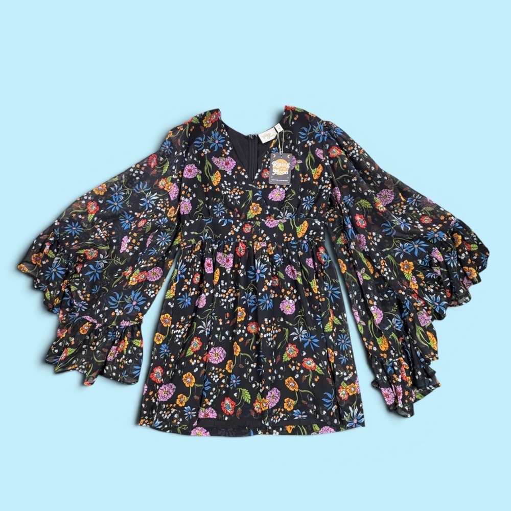 The Hippie Shake Rising of the Moon Floral Mini Dress Black Multi Size 10 NEW